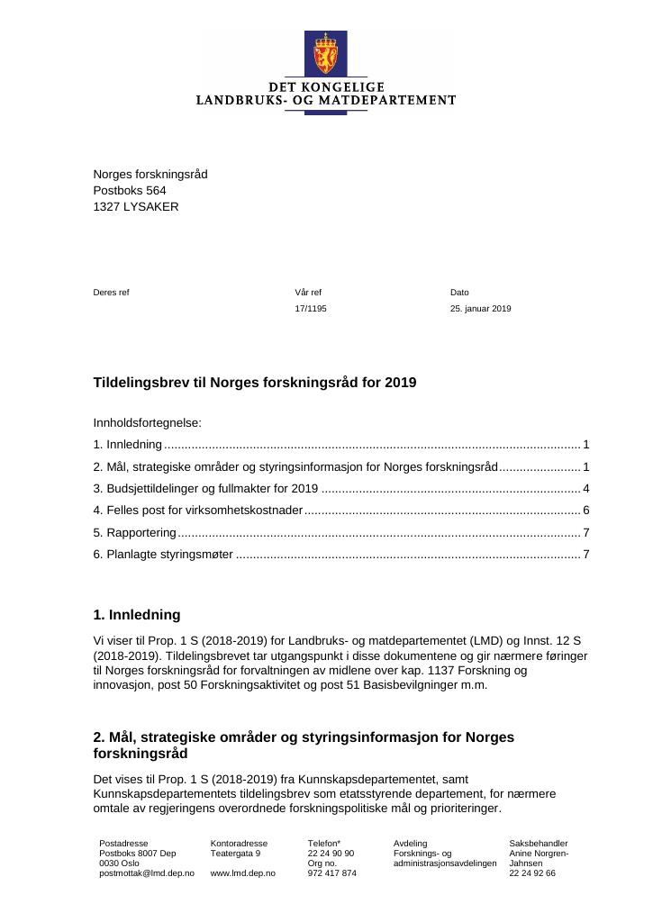 Forsiden av dokumentet Tildelingsbrev Norges forskningsråd 2019