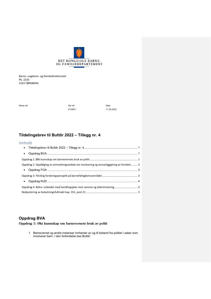 Forsiden av dokumentet Tildelingsbrev Bufdir 2022 - tillegg nr. 4