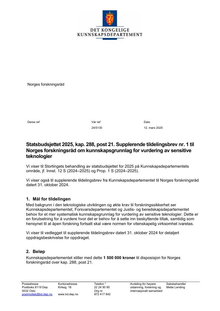 Forsiden av dokumentet Tildelingsbrev Norges forskningsråd 2025 - tillegg nr. 1