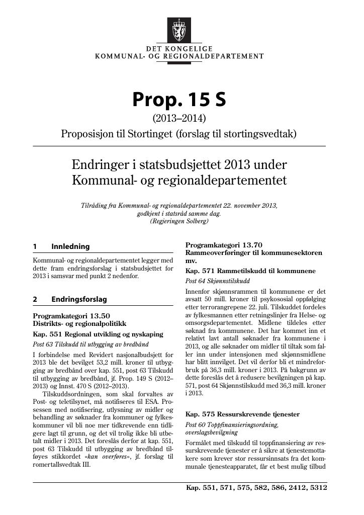 Forsiden av dokumentet Prop. 15 S (2013–2014)