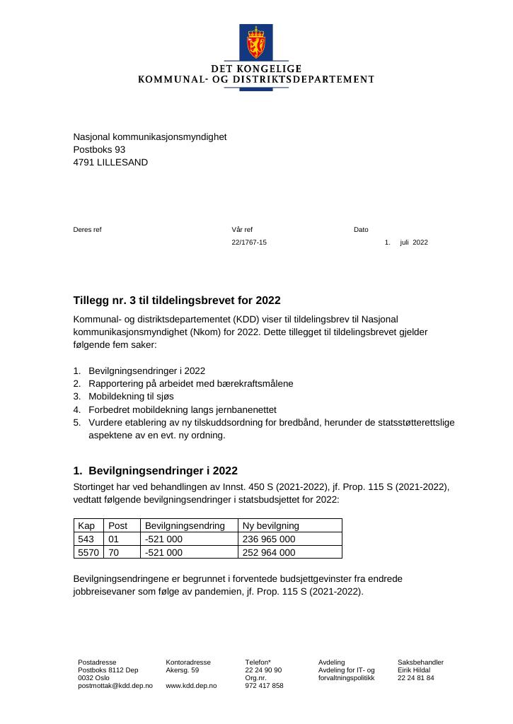 Forsiden av dokumentet Tildelingsbrevet Nasjonal kommunikasjonsmyndighet 2022 - tillegg nr. 3