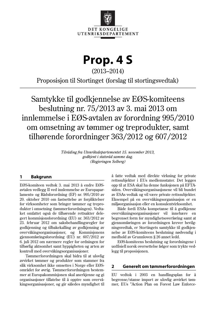 Forsiden av dokumentet Prop. 4 S (2013–2014)