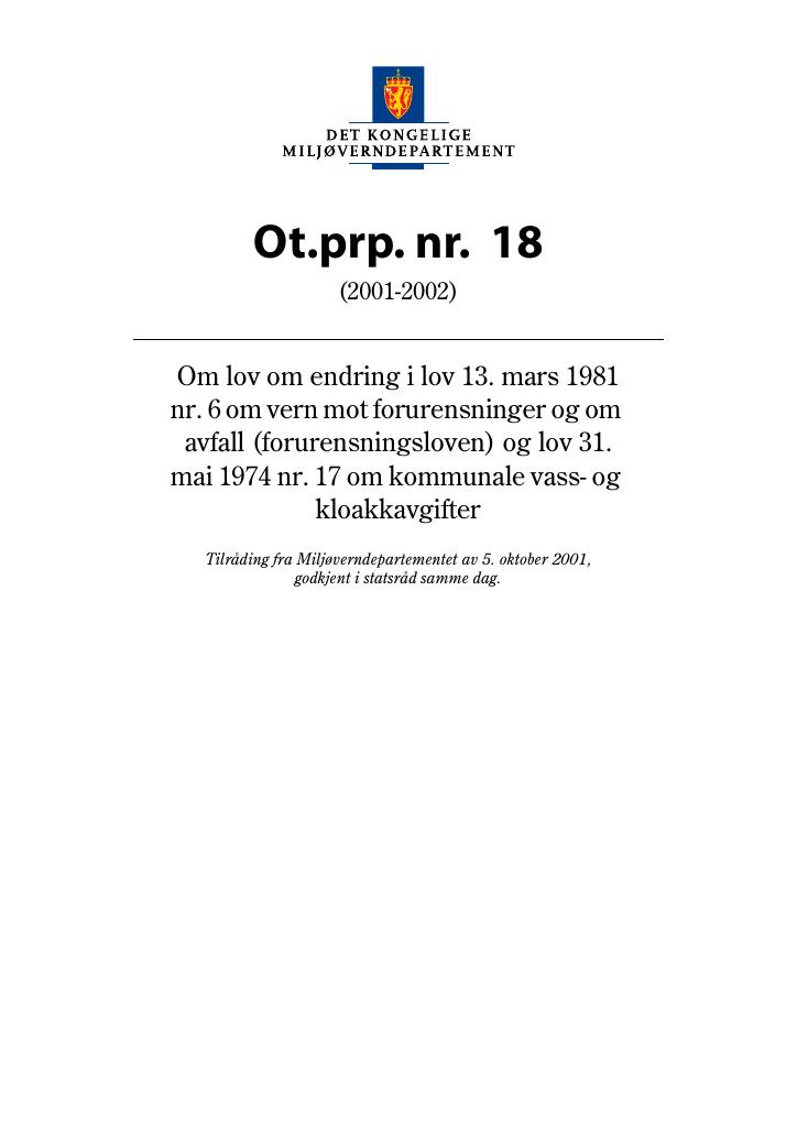 Forsiden av dokumentet Ot.prp. nr. 18 (2001-2002)