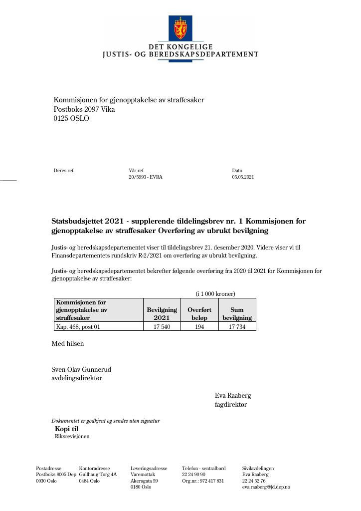 Forsiden av dokumentet Tildelingsbrev Kommisjonen for gjenopptakelse av straffesaker 2021 - tillegg nr. 1