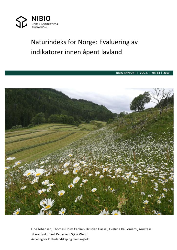Forsiden av dokumentet Naturindeks for Norge: Evaluering av indikatorer innen åpent lavland