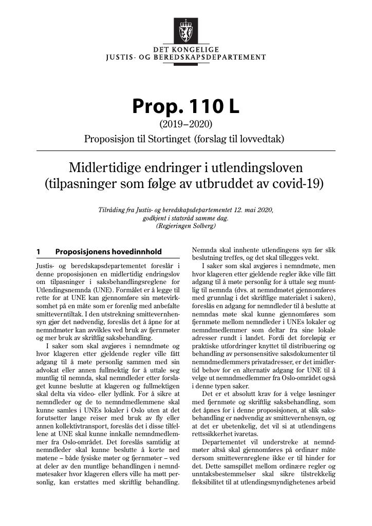 Forsiden av dokumentet Prop. 110 L (2019–2020)