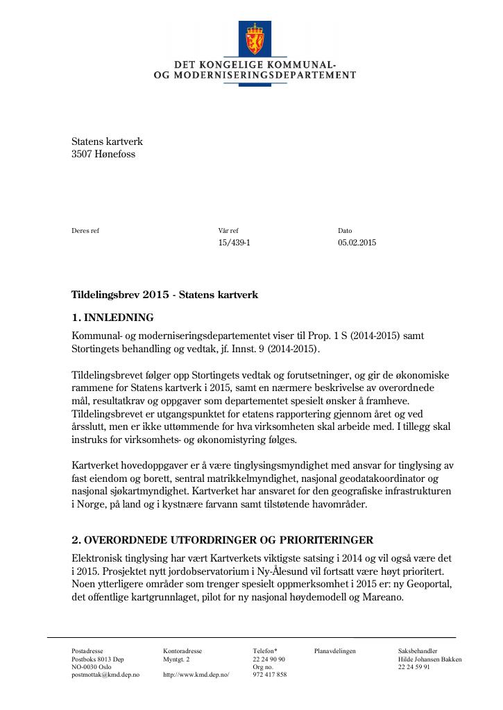 Forsiden av dokumentet Tildelingsbrev (pdf)