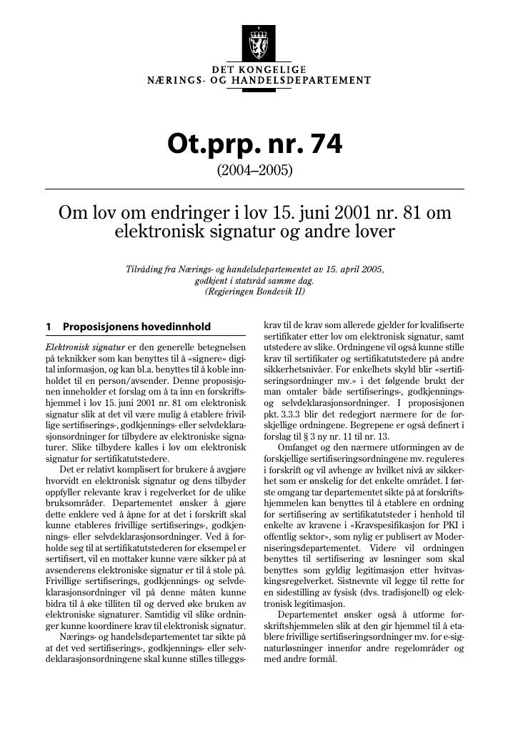 Forsiden av dokumentet Ot.prp. nr. 74 (2004-2005)
