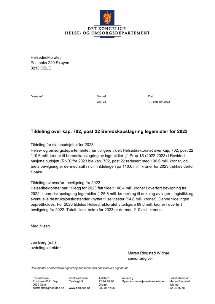 Forsiden av dokumentet Tildelingsbrev Helsedirektoratet 2023 - tillegg nr. 11