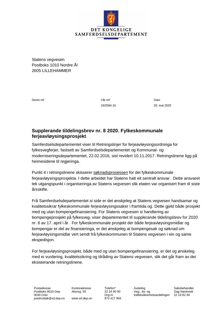 Forsiden av dokumentet Tildelingsbrev Statens vegvesen 2020 - tillegg nr. 8