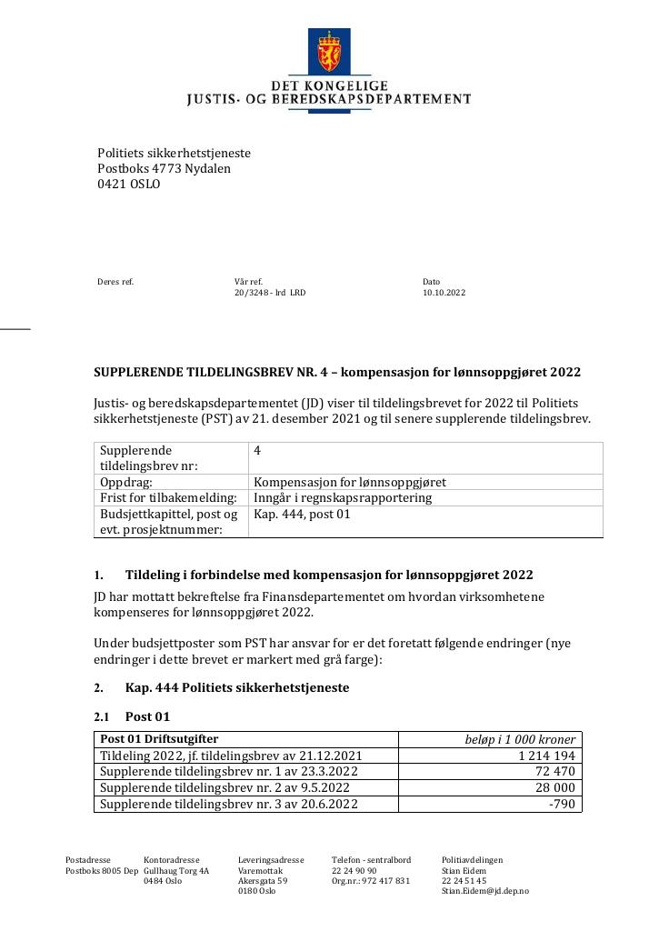 Forsiden av dokumentet Tildelingsbrev PST 2022 - tillegg nr. 4