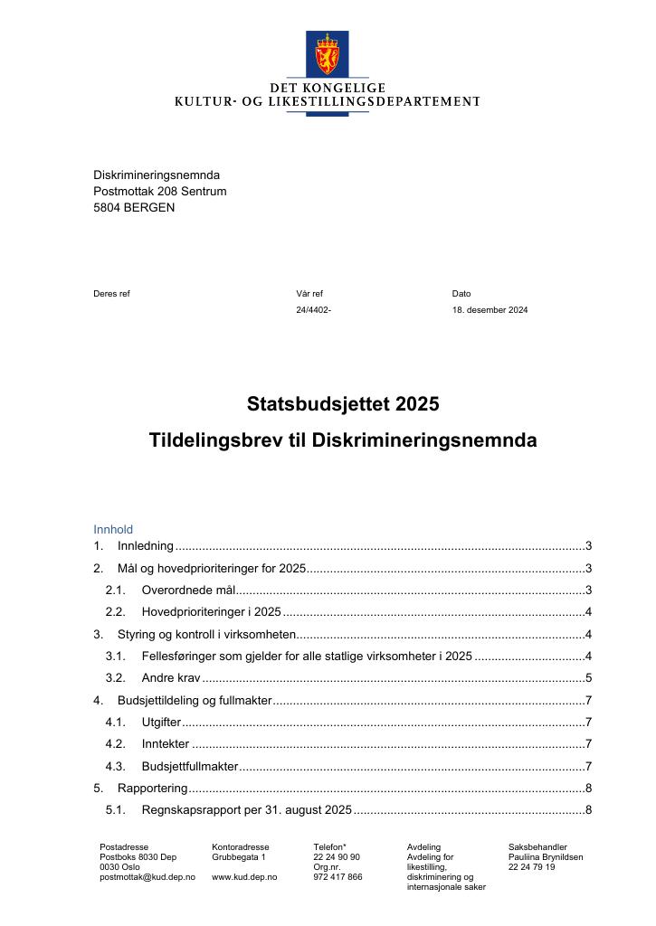 Forsiden av dokumentet Tildelingsbrev Diskrimineringsnemnda 2025