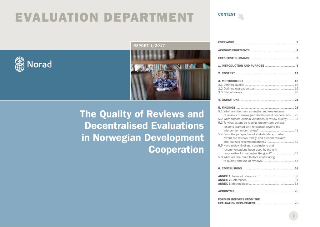 Forsiden av dokumentet The quality of reviews and decentralised evaluations in Norwegian development cooperation 