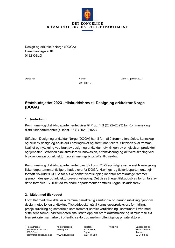 Forsiden av dokumentet Tilskuddsbrev til Design og arkitektur Norge (DOGA) 2023