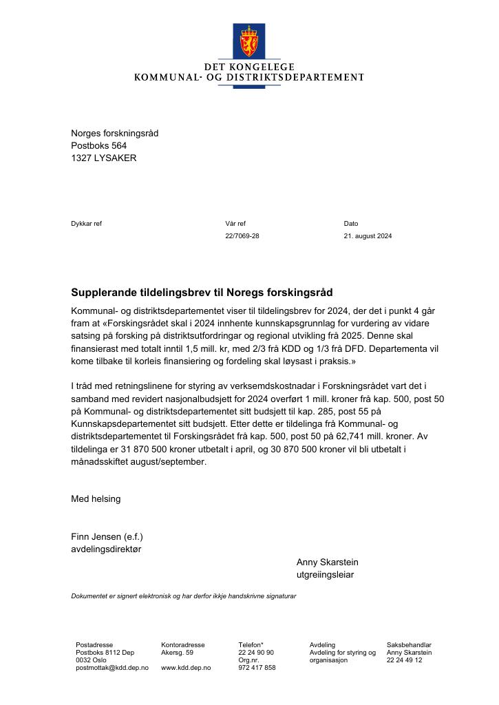 Forsiden av dokumentet Tildelingsbrev Forskningsrådet 2024 - tillegg