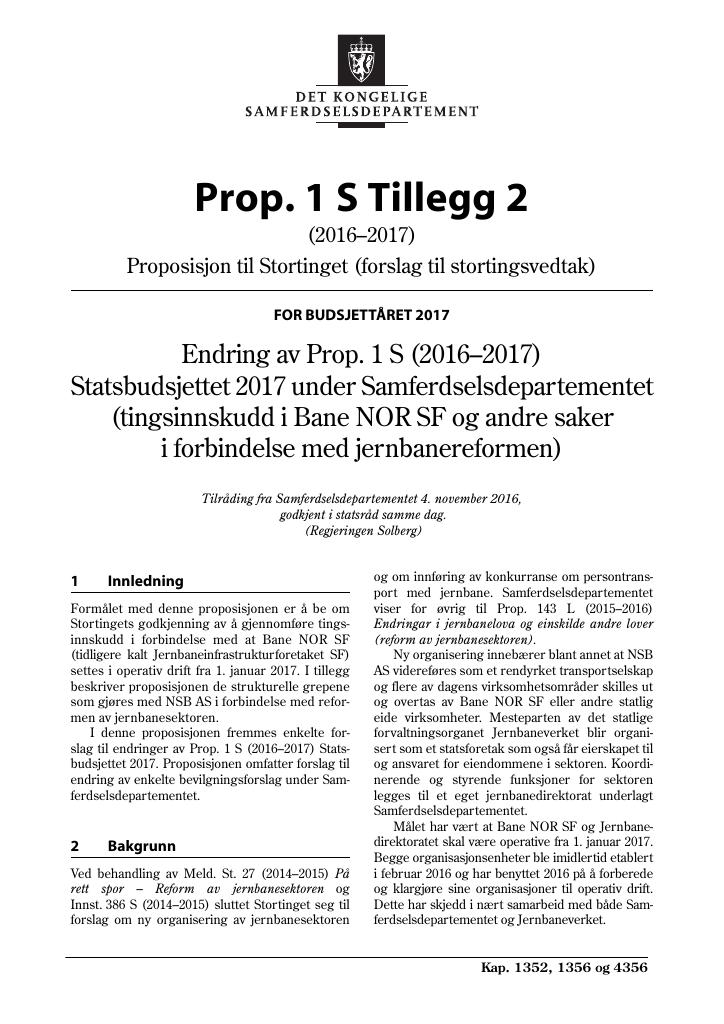Forsiden av dokumentet Prop. 1 S Tillegg 2 (2016–2017)