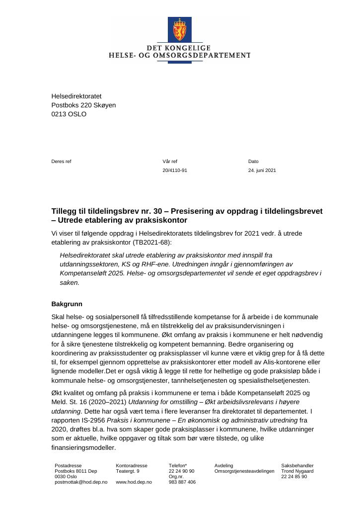 Forsiden av dokumentet Tildelingsbrev Helsedirektoratet 2021 - tillegg nr. 30