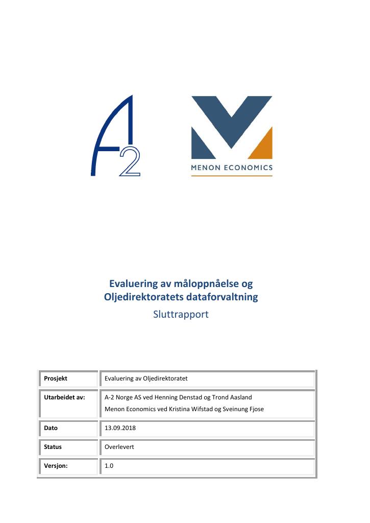 Forsiden av dokumentet Evaluering av måloppnåelse og Oljedirektoratets dataforvaltning