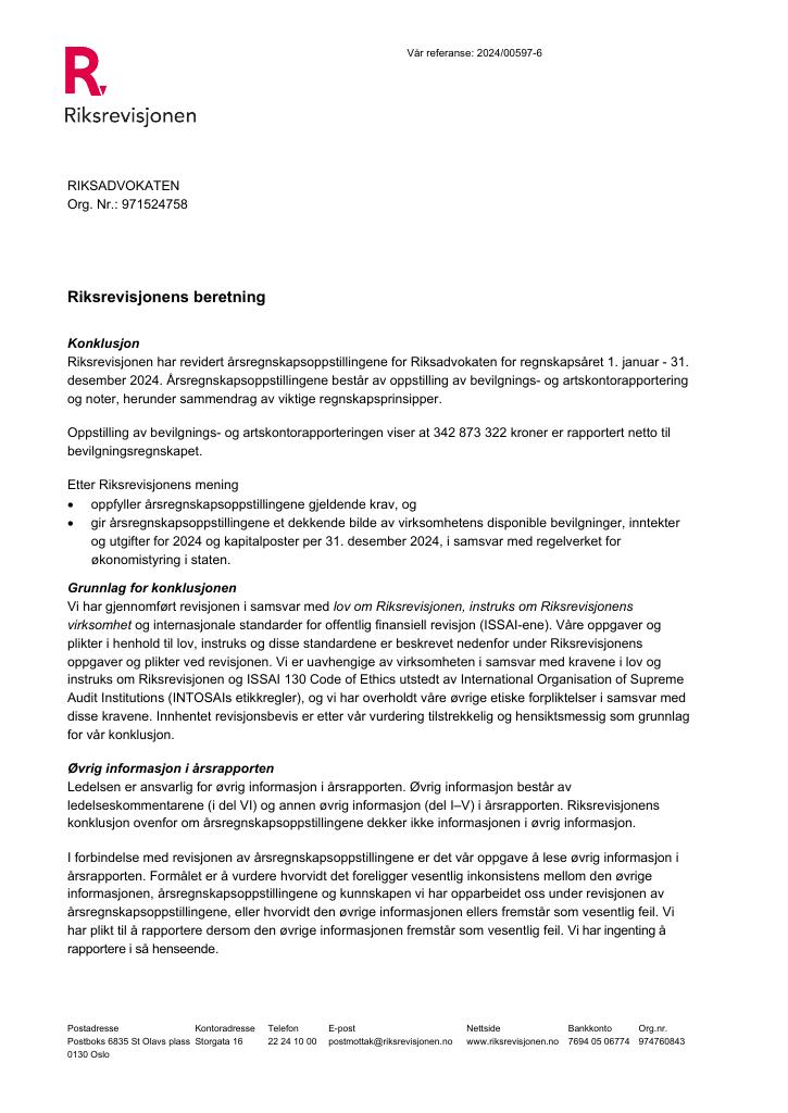 Forsiden av dokumentet Revisjonsberetning Riksadvokaten (Den høyere påtalemyndighet) 2024