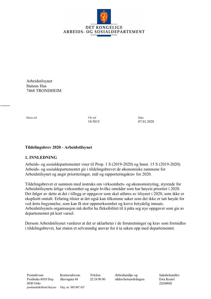 Forsiden av dokumentet Tildelingsbrev Arbeidstilsynet 2020