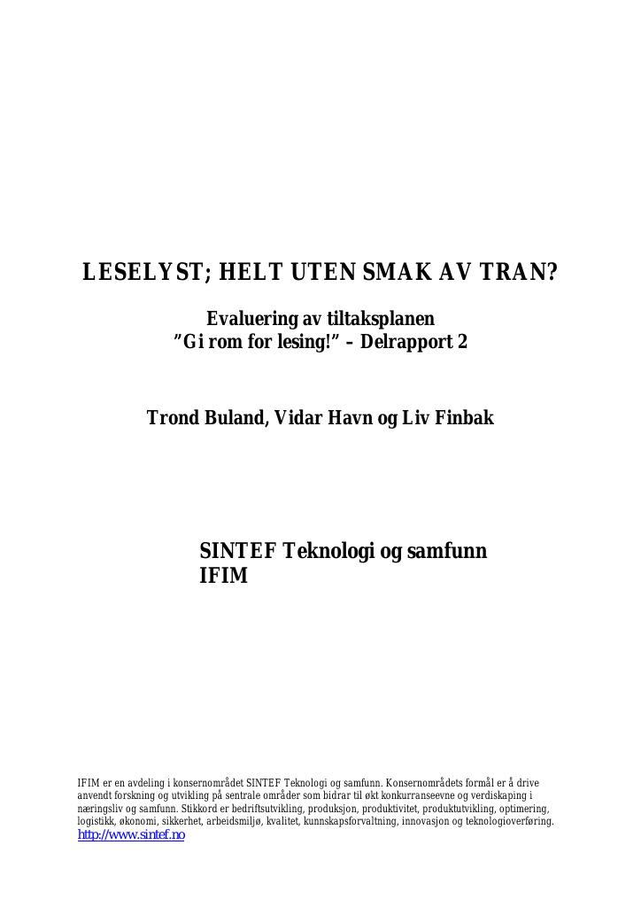 Forsiden av dokumentet Gi rom for lesing! - evaluering av tiltaksplanen, delrapport 2, 2006