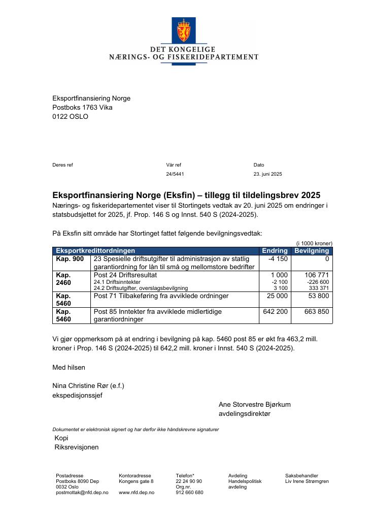 Forsiden av dokumentet Tildelingsbrev Eksportfinansiering Norge (Eksfin) 2025 - tillegg nr. 1