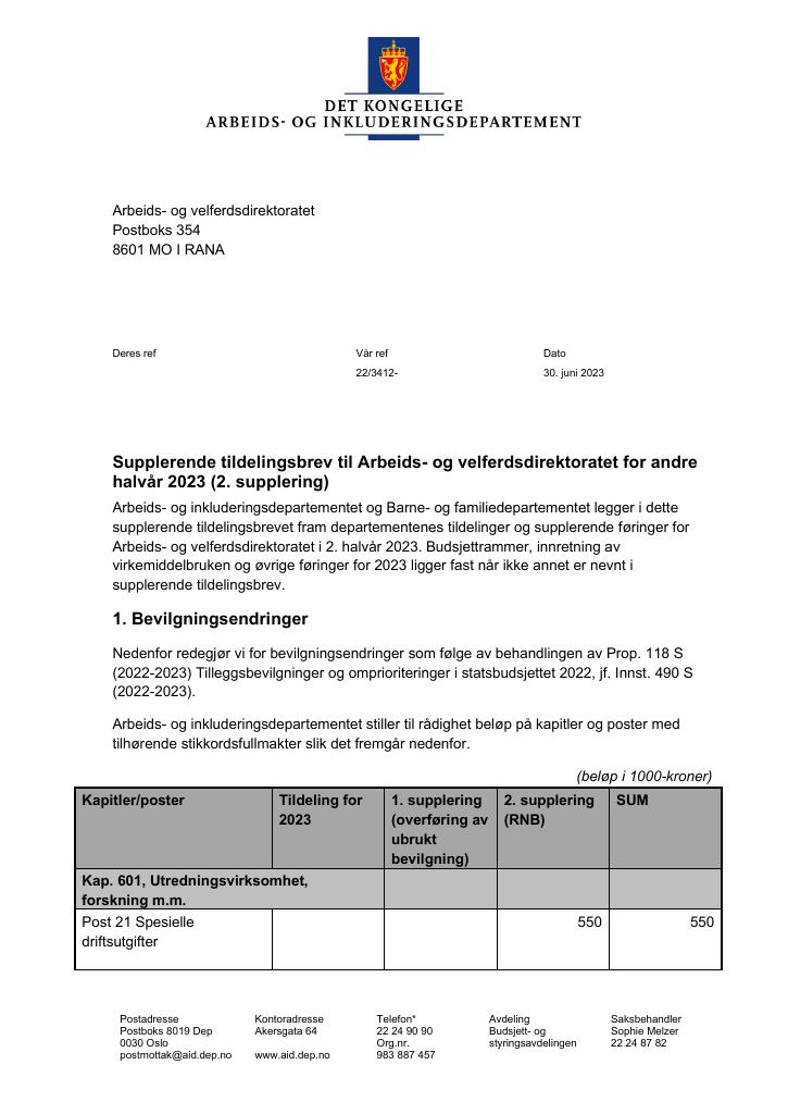 Forsiden av dokumentet Tildelingsbrev Arbeids- og velferdsdirektoratet 2023 - tillegg nr. 2