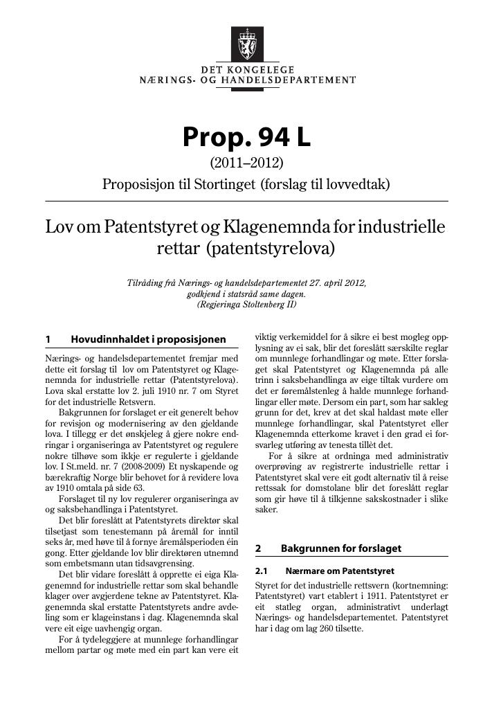 Forsiden av dokumentet Prop. 94 L (2011–2012)