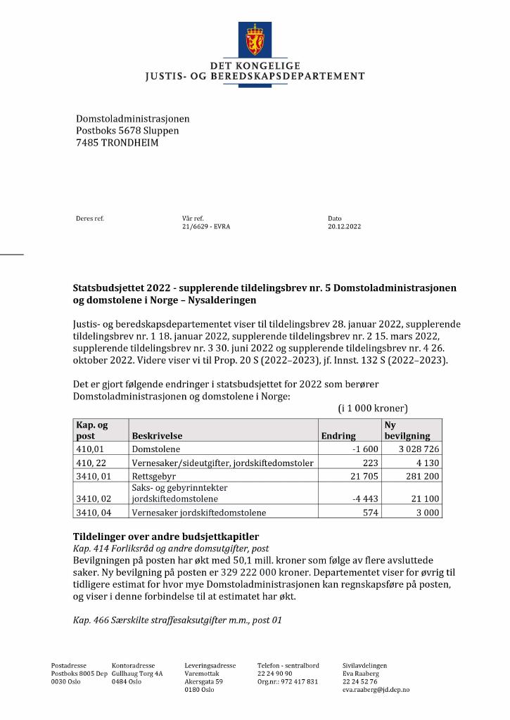 Forsiden av dokumentet Tildelingsbrev Domstoladministrasjonen og domstolene i Norge 2022 - tillegg nr. 5