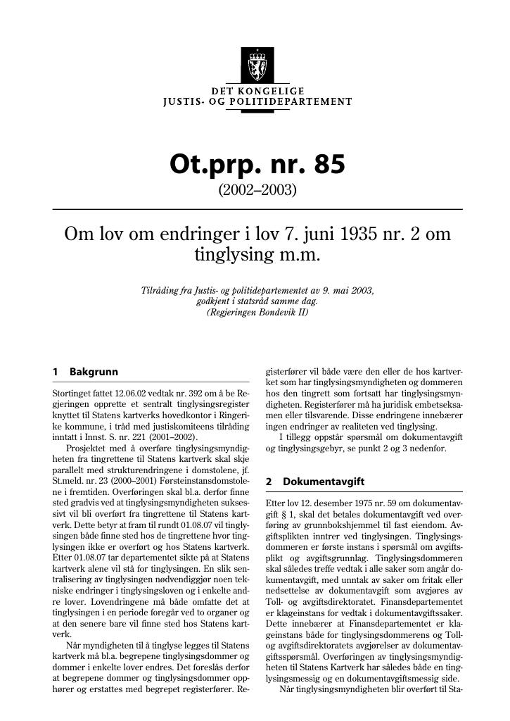 Forsiden av dokumentet Ot.prp. nr. 85 (2002-2003)