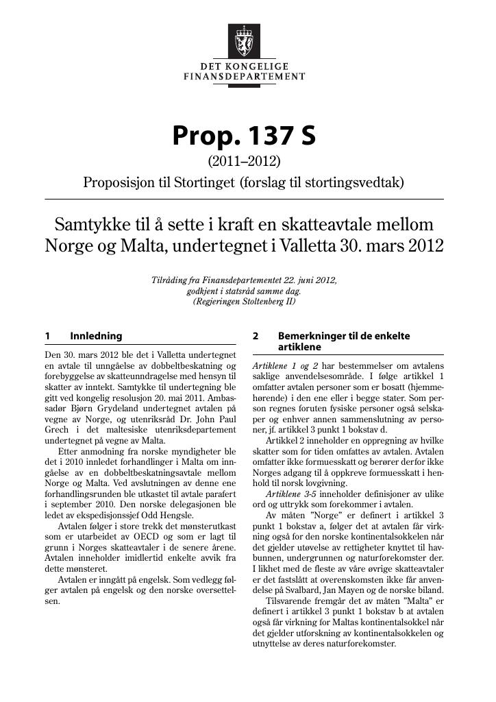 Forsiden av dokumentet Prop. 137 S (2011–2012)