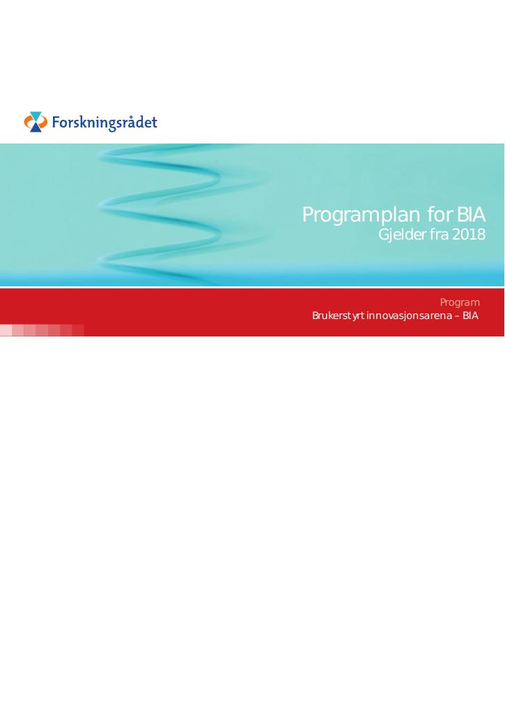 Forsiden av dokumentet Programplan for BIA. Gjelder fra 2018