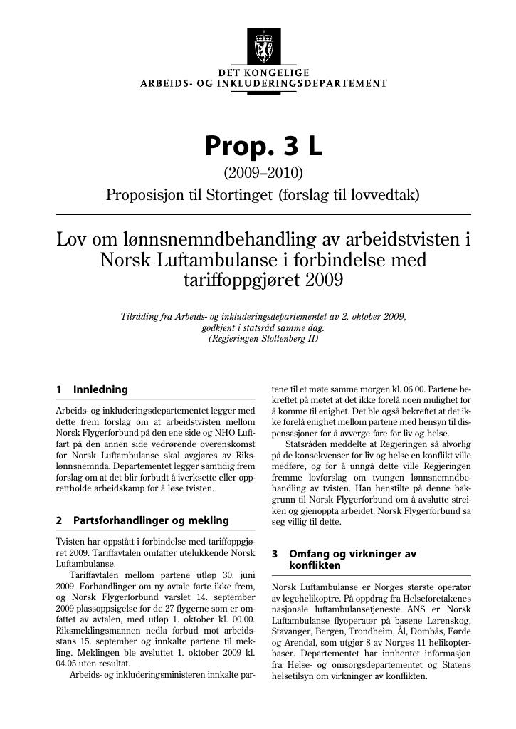 Forsiden av dokumentet Prop. 3 L (2009-2010)
