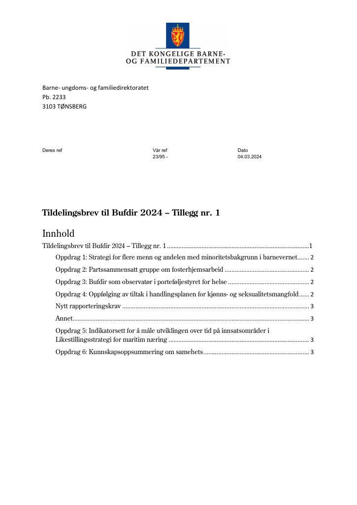 Forsiden av dokumentet Tildelingsbrev Bufdir 2024 - tillegg nr. 1