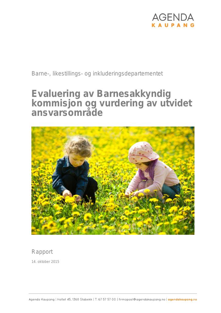 Forsiden av dokumentet Evaluering av Barnesakkyndig kommisjon og vurdering av utvidet ansvarsområde