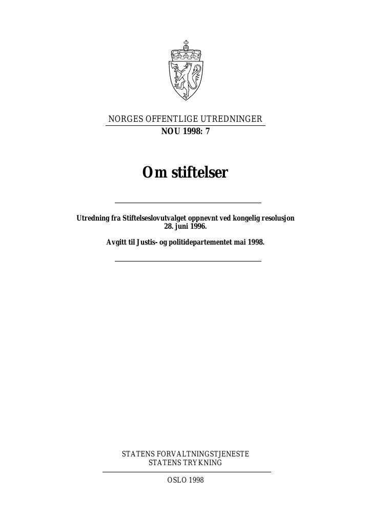 Forsiden av dokumentet NOU 1998: 7 - Om stiftelser