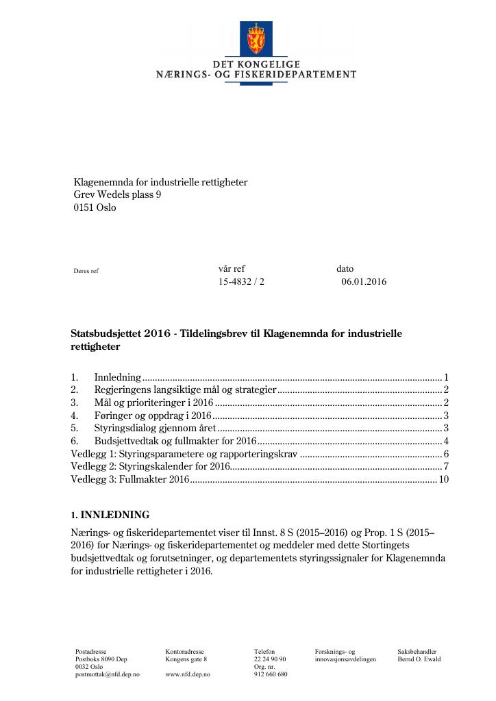 Forsiden av dokumentet Tildelingsbrev