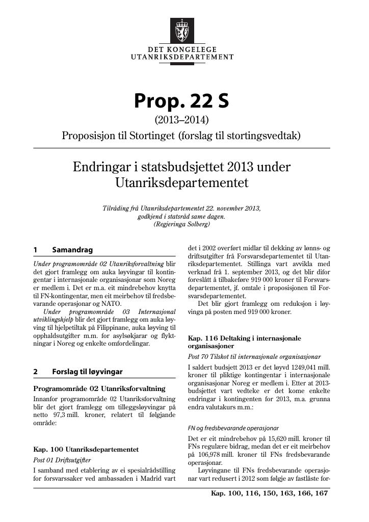 Forsiden av dokumentet Prop. 22 S (2013–2014)