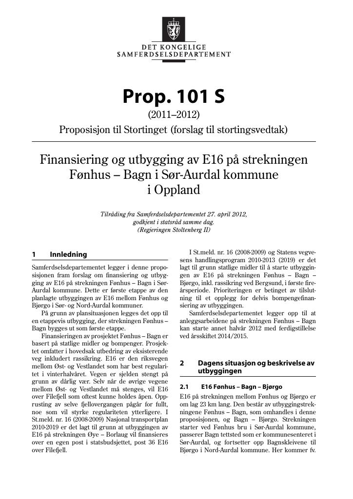 Forsiden av dokumentet Prop. 101 S (2011–2012)