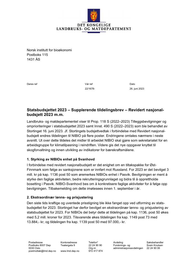 Forsiden av dokumentet Tildelingsbrev Norsk institutt for bioøkonomi - NIBIO 2023 - tillegg nr. 26