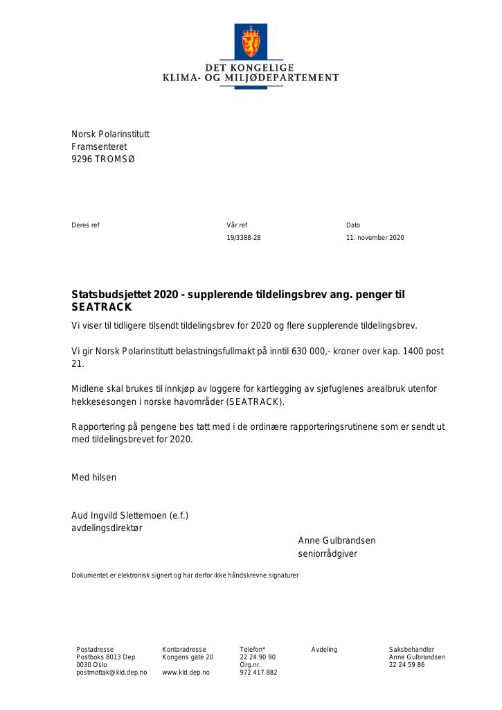 Forsiden av dokumentet Supplerende tildelingsbrev Norsk polarinstitutt 2020