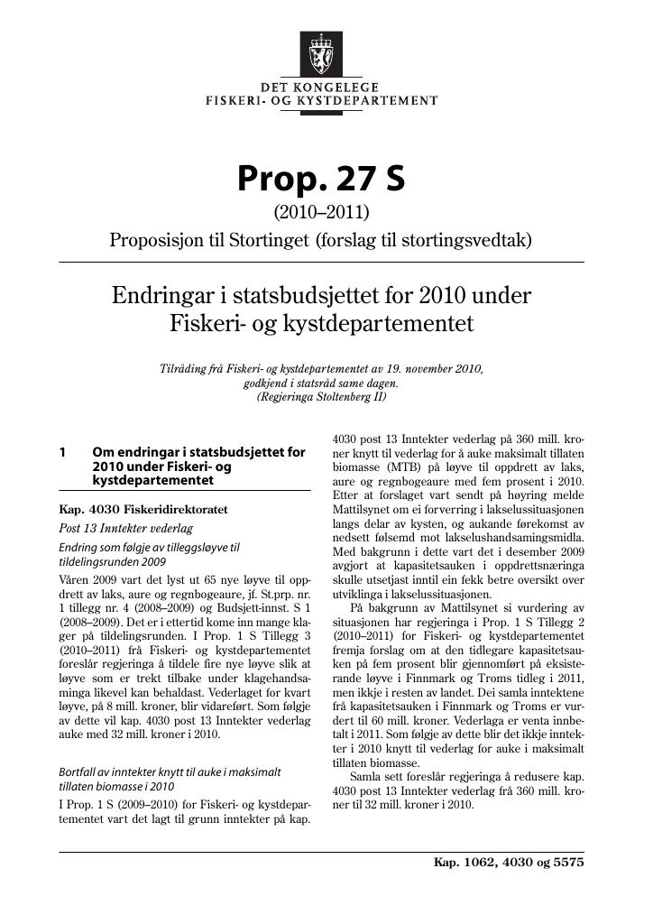 Forsiden av dokumentet Prop. 27 S (2010–2011)