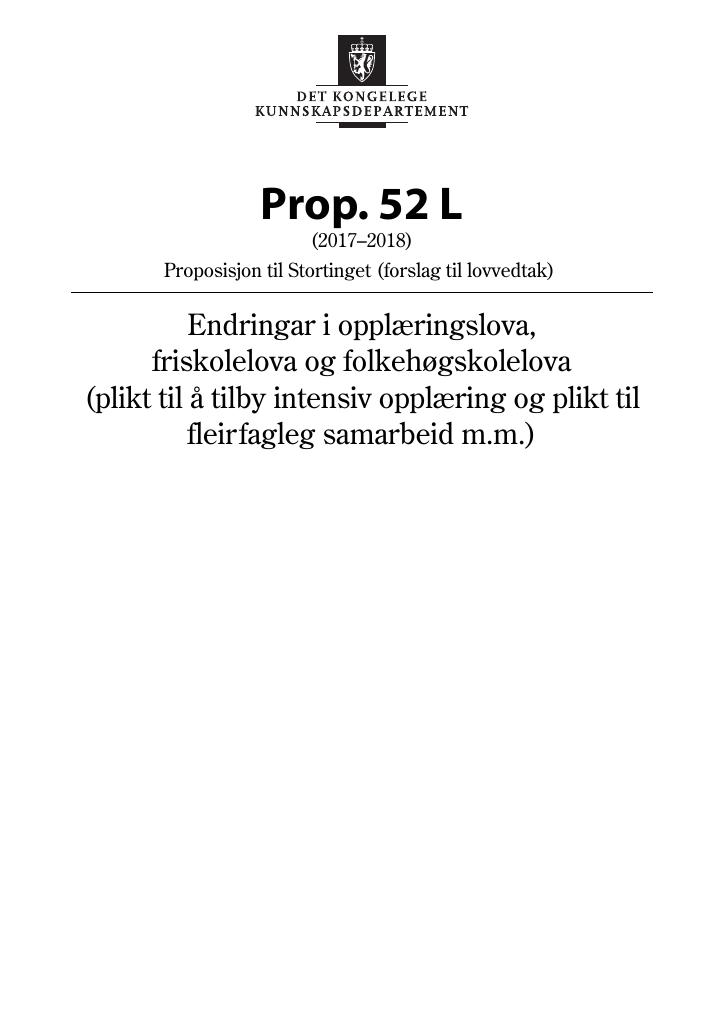 Forsiden av dokumentet Prop. 52 L (2017–2018)