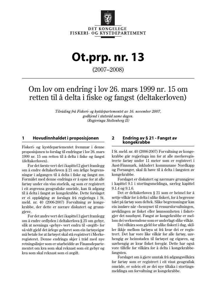 Forsiden av dokumentet Ot.prp. nr. 13 (2007-2008)
