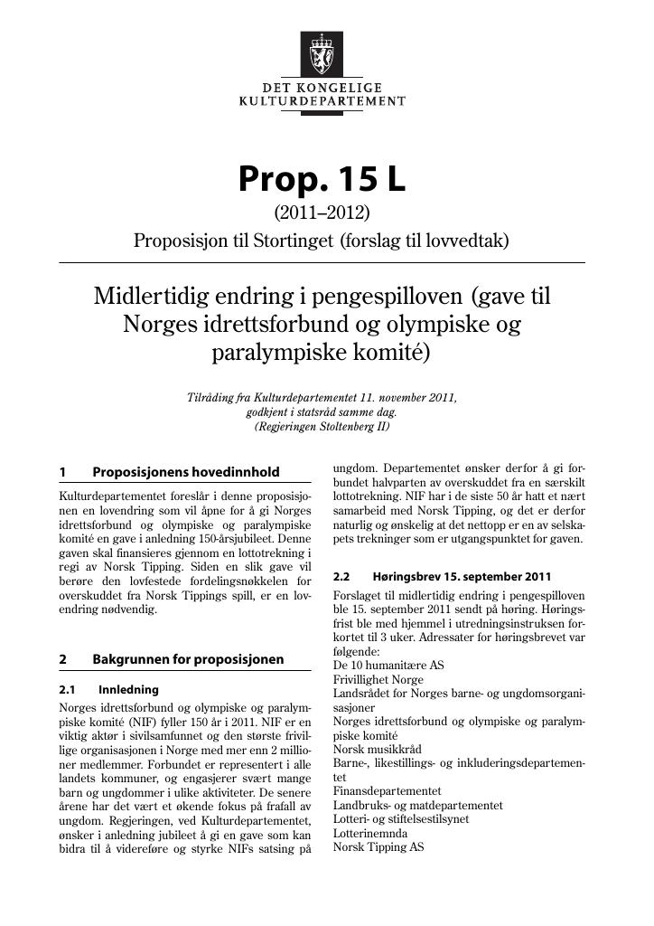 Forsiden av dokumentet Prop. 15 L (2011–2012)