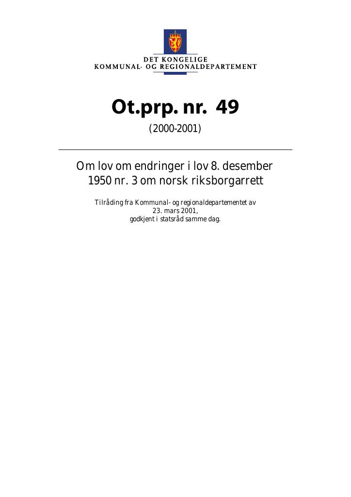 Forsiden av dokumentet Ot.prp. nr. 49 (2000-2001)