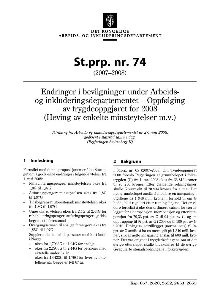 Forsiden av dokumentet St.prp. nr. 74 (2007-2008)