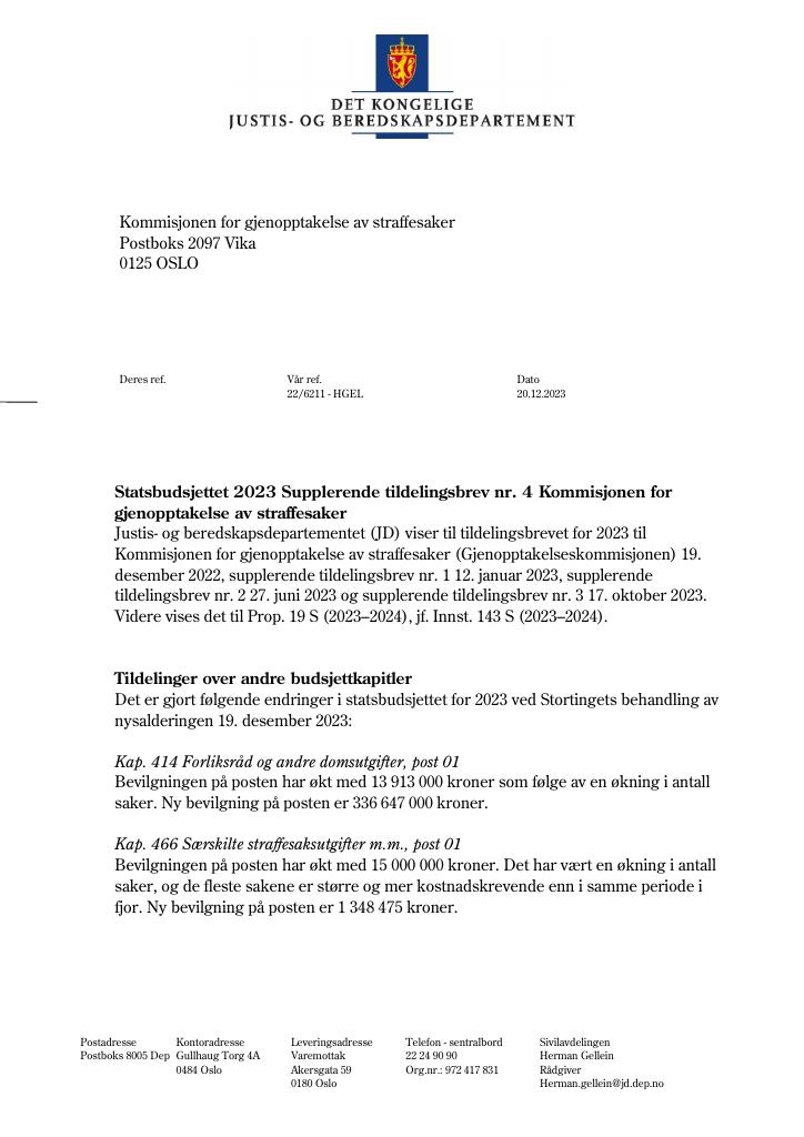 Forsiden av dokumentet Tildelingsbrev Kommisjonen for gjenopptakelse av straffesaker 2023 - tillegg nr. 4