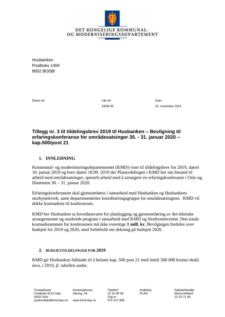 Forsiden av dokumentet Tillegg nr 3 til tildelingsbrev 2019 til Husbanken.pdf, 