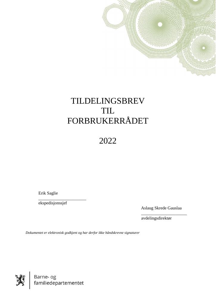 Forsiden av dokumentet Tildelingsbrev Forbrukerrådet 2022